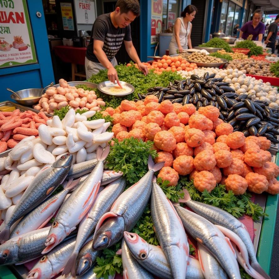 Hải sản tươi sống tại chợ Hàn Đà Nẵng, đa dạng và phong phú.